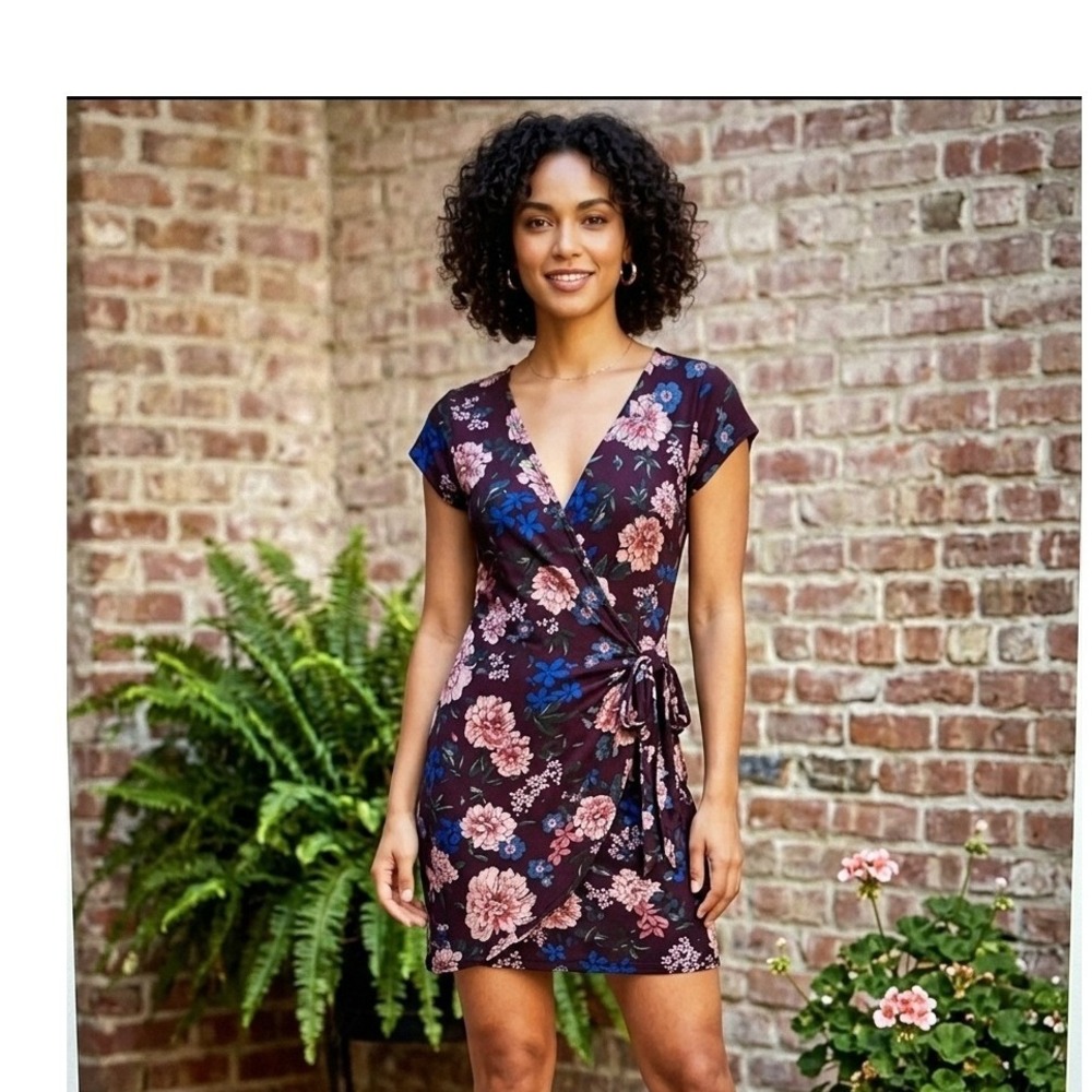 Cklass Fashionline Women Burgundy Floral Faux Wrap Dress Short Sleeve Size L/G